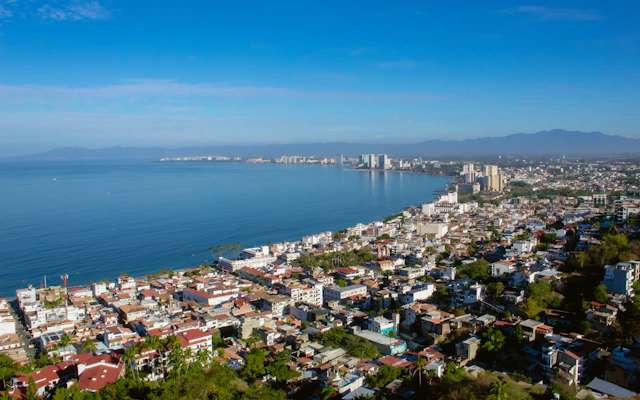 The blue bay and coastline of Puerto Vallarta